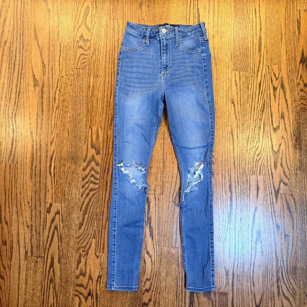 Hollister Ultra High-Rise Jean Legging Distressed Ripped‎ Knee 3R W26 Blue